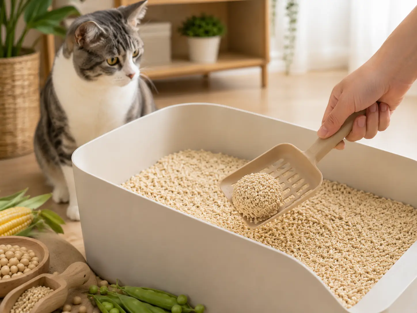 Scooping a clump of tofu cat litter from a litter box with a cat watching