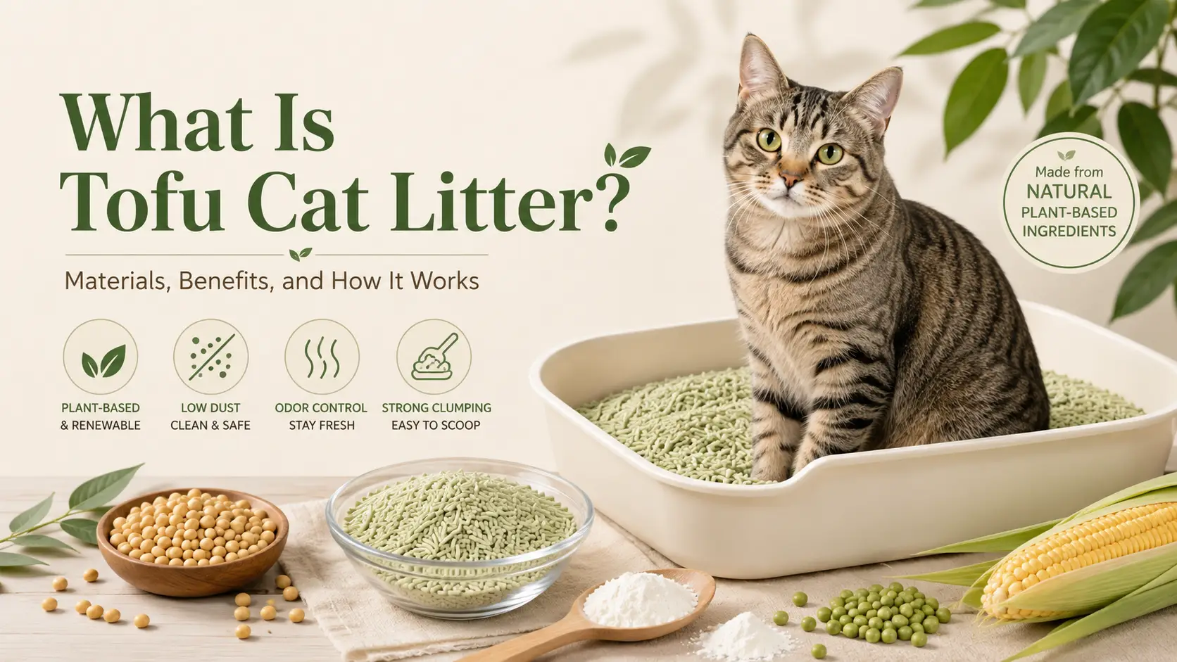 Tabby cat sitting in a litter box with plant-based tofu cat litter and natural ingredients.
