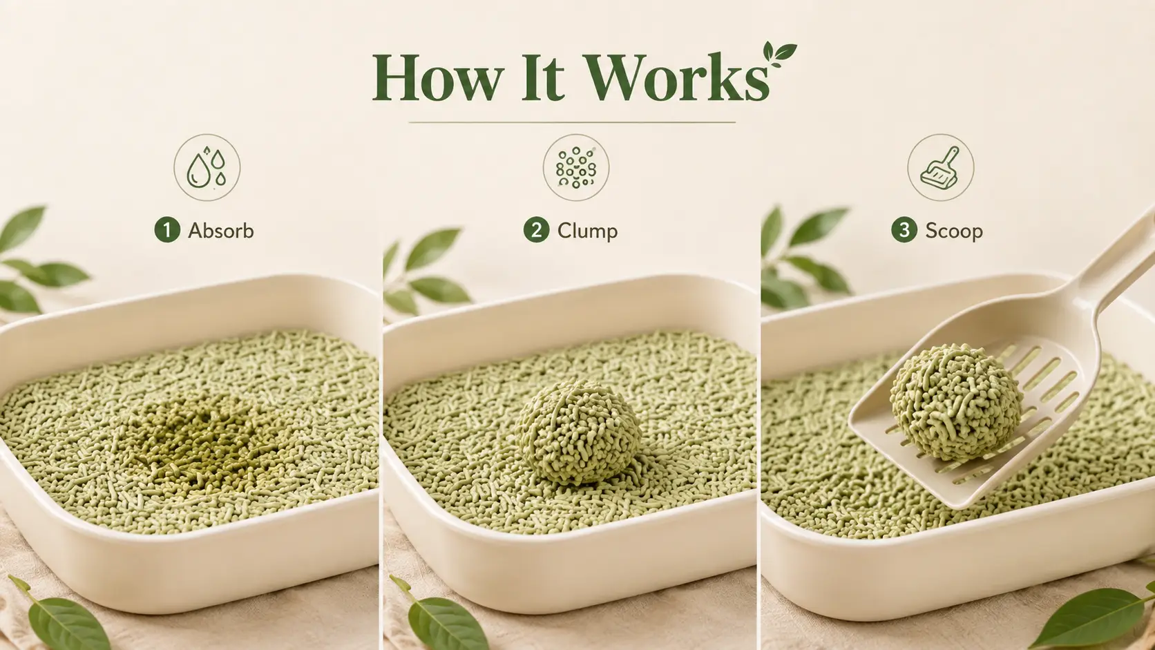 Three-step process of tofu cat litter absorb, clump, and scoop
