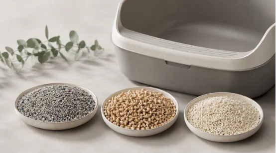 Three types of cat litter in bowls beside a litter box