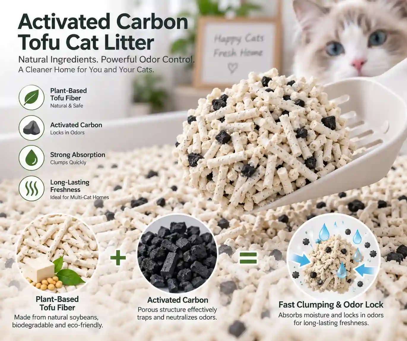 Active carbon infused tofu cat litter for multi-cat odor absorption