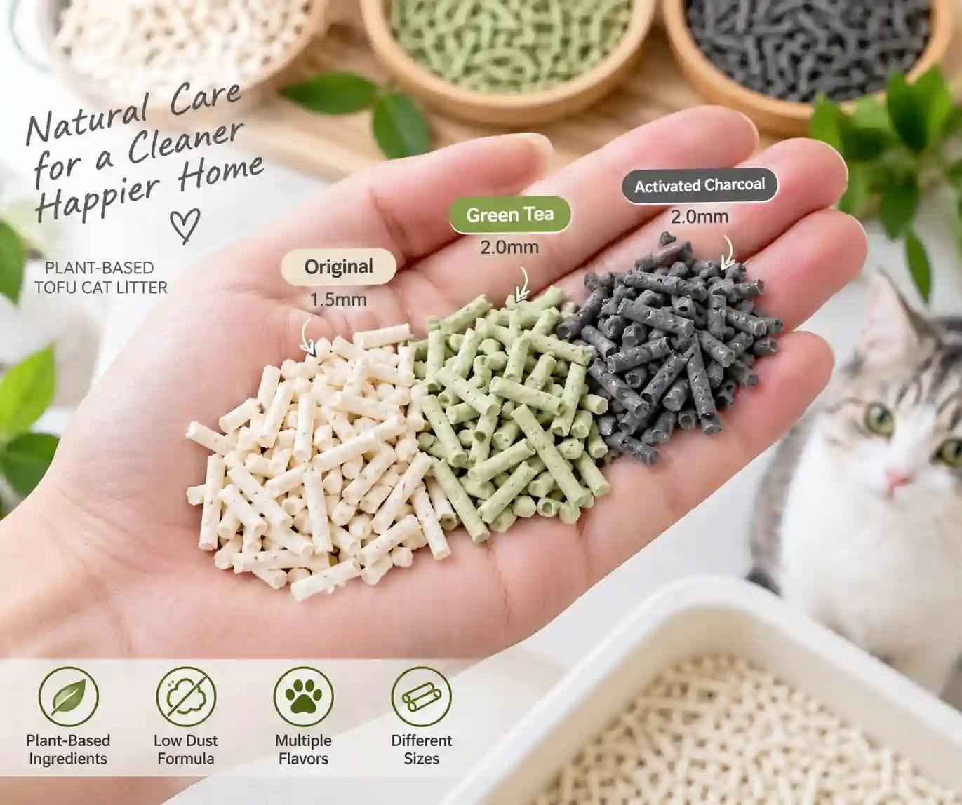 Assorted low-dust tofu cat litter pellet sizes and flavors in hand