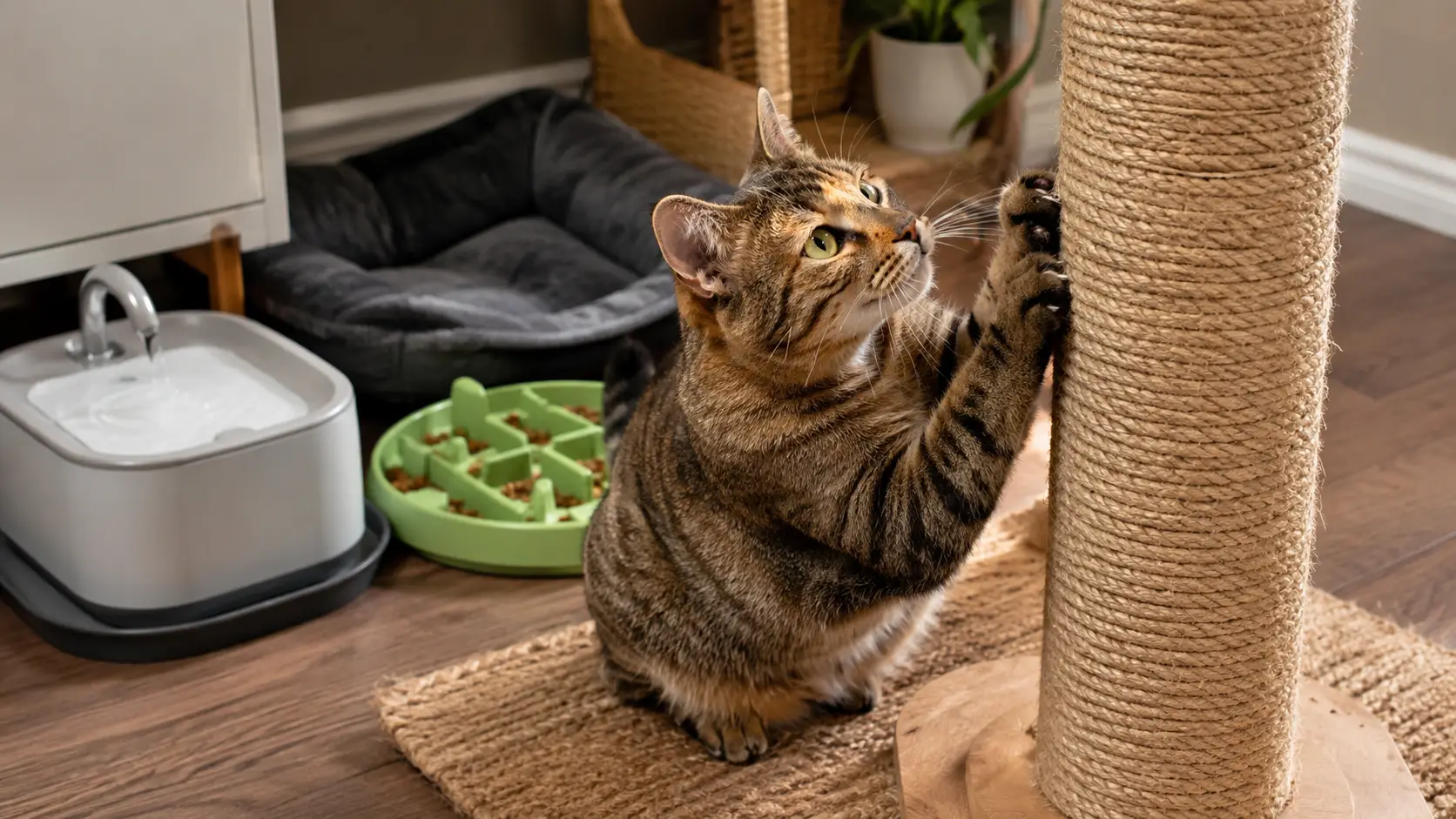 Close-up of a tabby cat stretching and sharpening its claws on a tall natural sisal rope scratching post next to a slow feeder bowl and water fountain