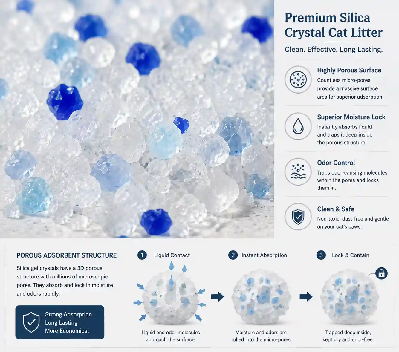 Close-up of clean silica crystal cat litter granules illustrating porous adsorbent surface