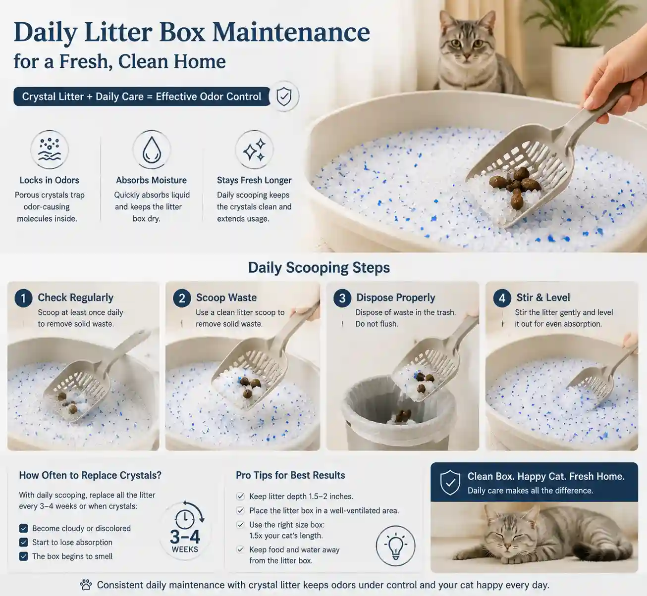 Daily cat litter box maintenance and solid waste scooping for effective odor control with crystal litter