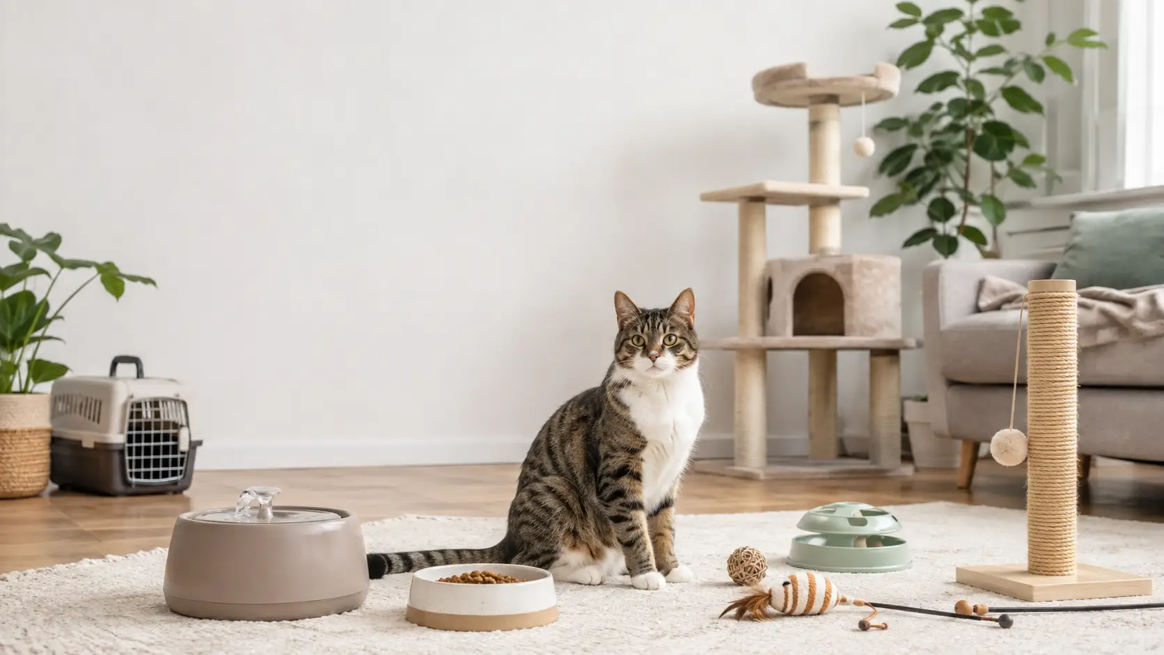 Domestic tabby cat sitting on a rug surrounded by essential cat accessories including an automatic pet water fountain, food bowl, and sisal scratching post