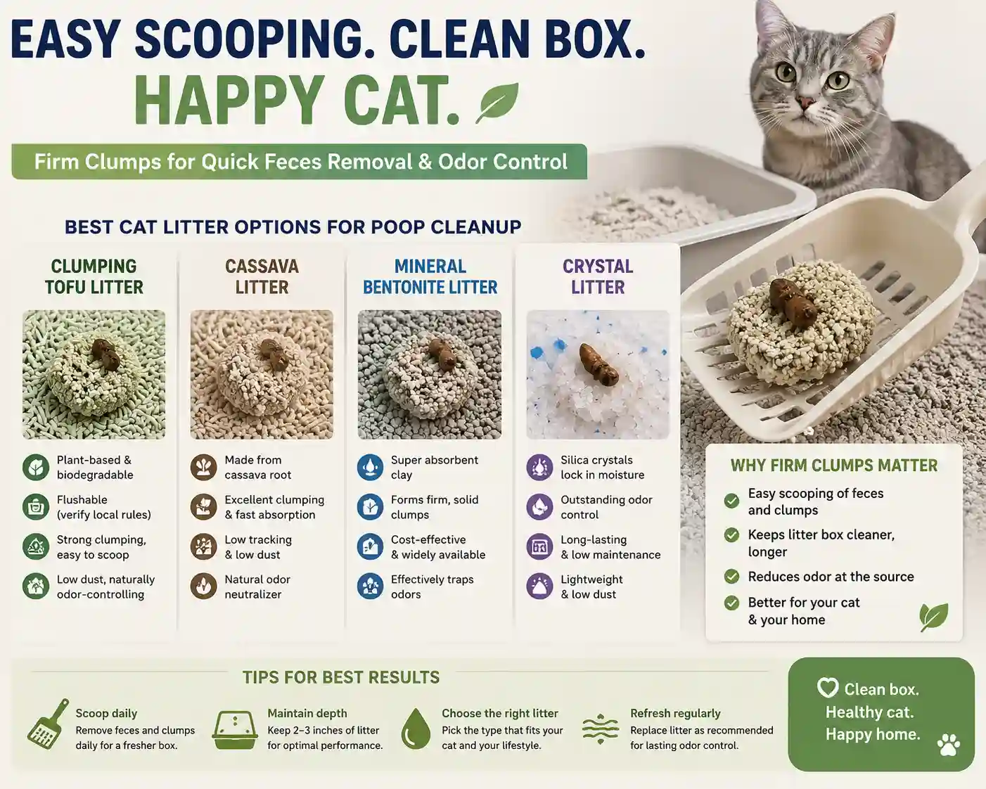Easy scooping of firm cat litter clump for quick feces removal and litter box odor control