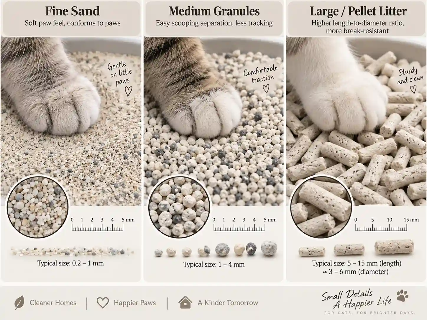 Fine, medium, and large cat litter granule sizes and paw feel comparison