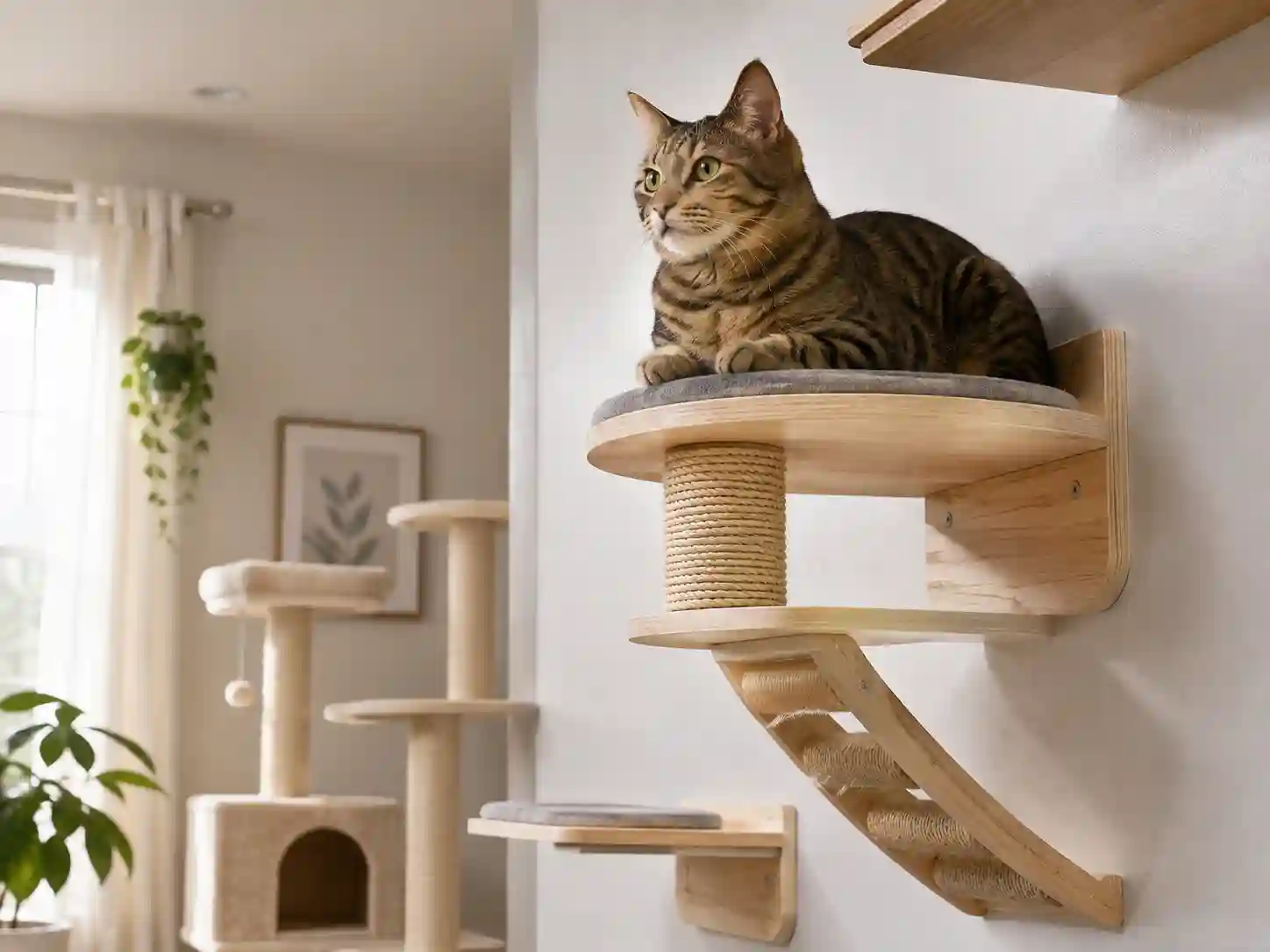 Indoor cat perching on an elevated vertical rest area providing high vantage points according to feline environmental needs