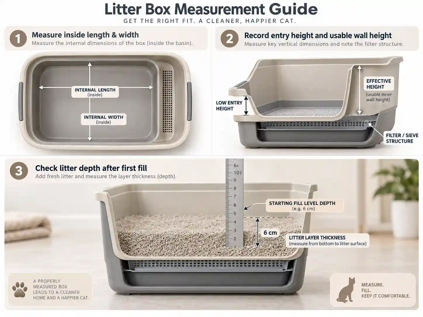 Measuring litter box dimensions and recording starting fill level depth
