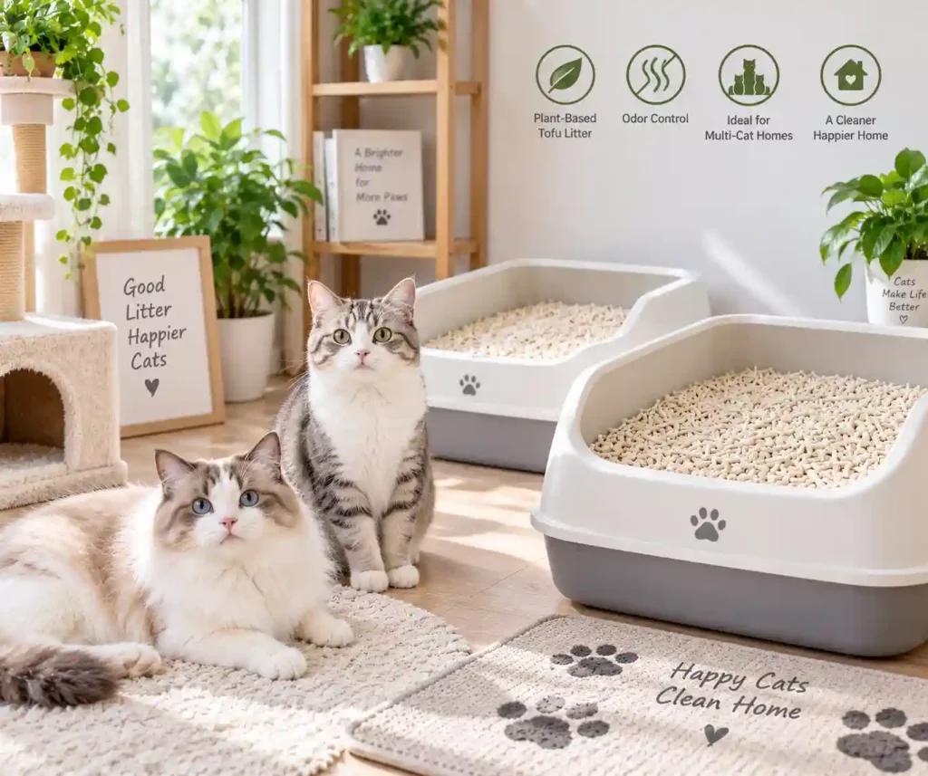 Multi-cat household using odor control tofu cat litter in modern litter boxes