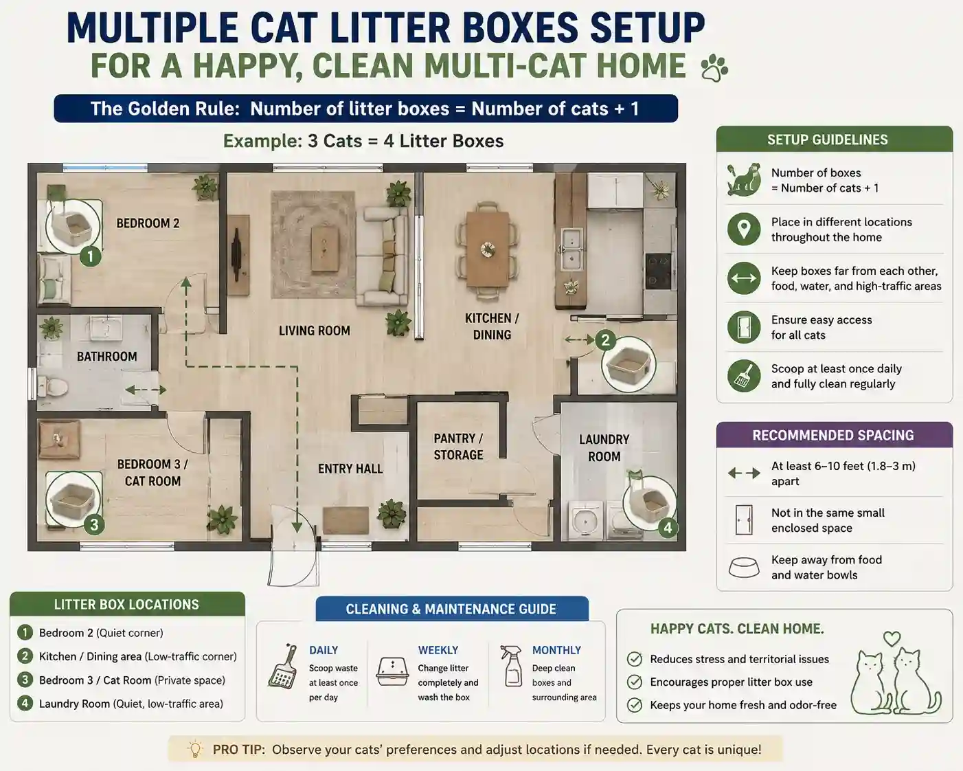 Multiple cat litter boxes setup in an indoor multi-cat home following proper spacing and cleaning guidelines