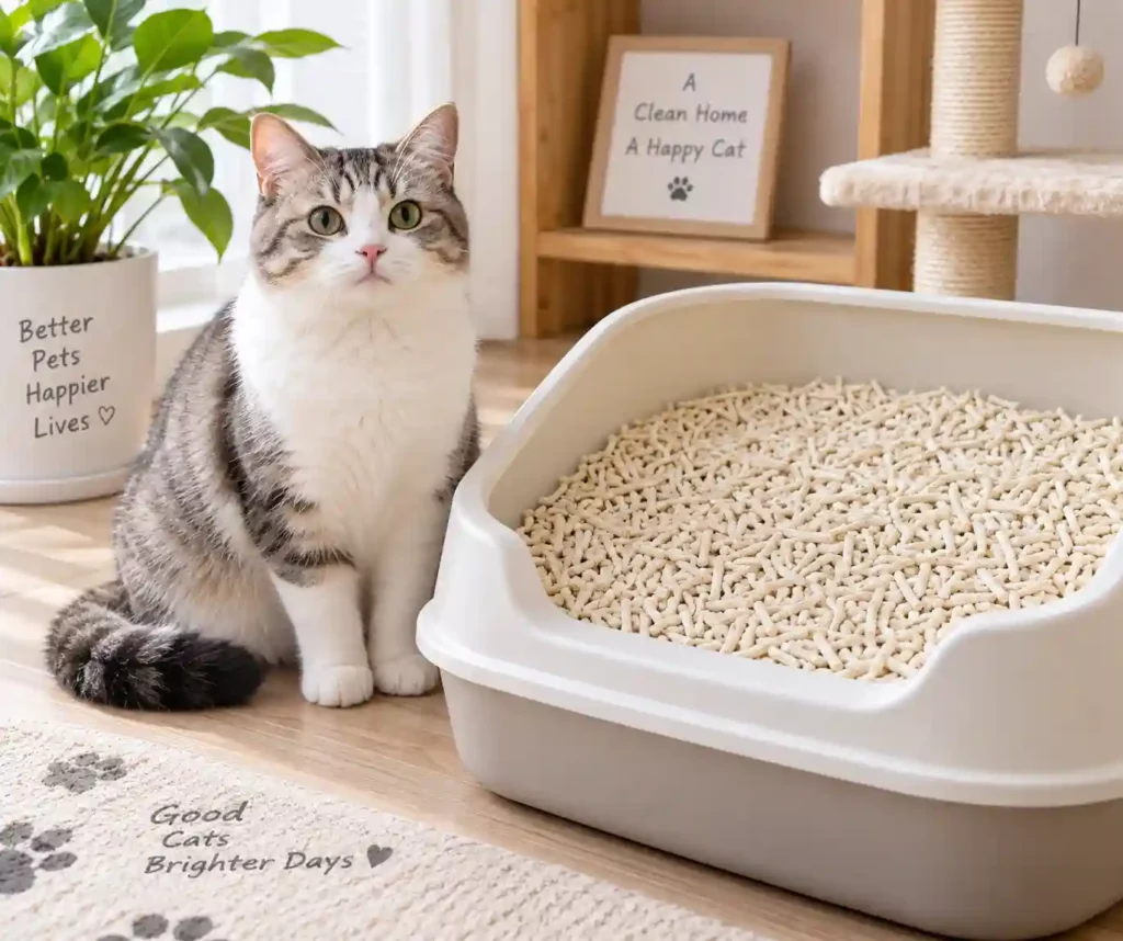 Natural plant-based tofu cat litter pellets in a clean litter box beside a cat