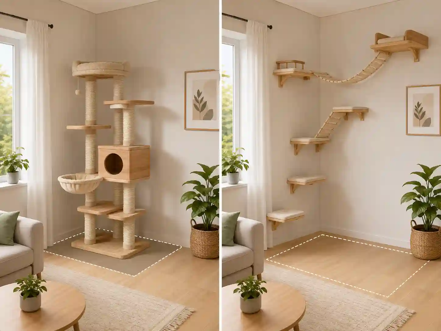 Room layout diagram comparing floor footprint of a freestanding cat tree with wall space utilization of cat shelves