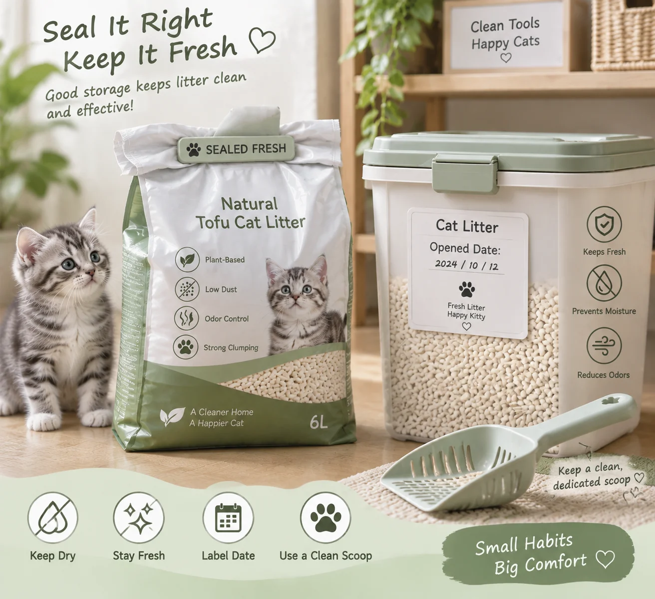 Sealing opened cat litter bag with scoop